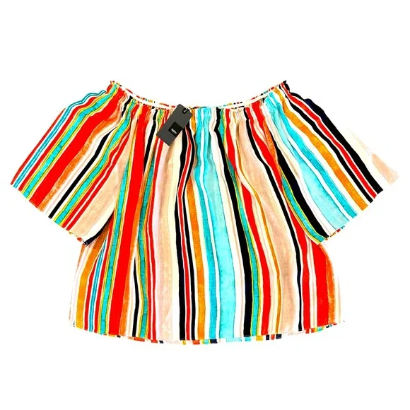NEW Mossimo Womens Watercolor Stripe Off The Shoulder Flutter Sleeve Top ~M NWT - Picture 2 of 14